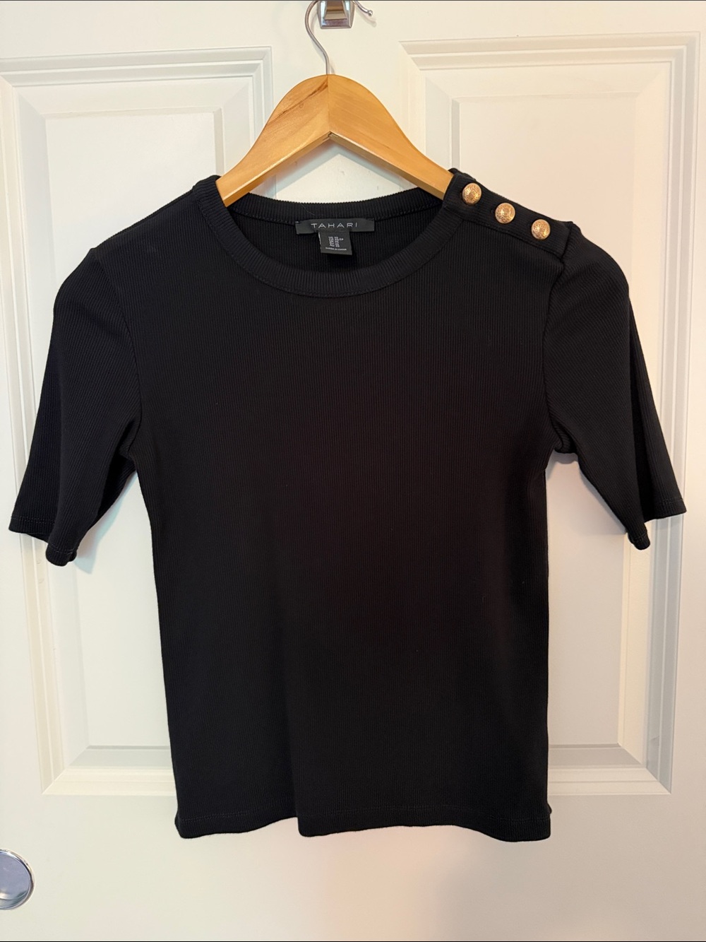 Tahari Black Short-Sleeve Ribbed Tee with Gold Shoulder Buttons